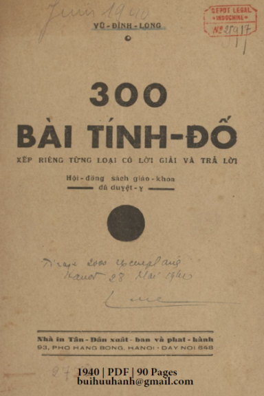 300 Bài Tính Đố (NXB Tân Dân 1940) - Vũ Đình Long, 90 Trang