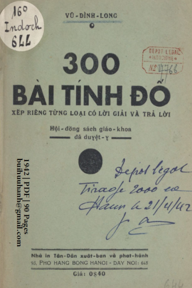 300 Bài Tính Đố (NXB Tân Dân 1942) - Vũ Đình Long, 90 Trang
