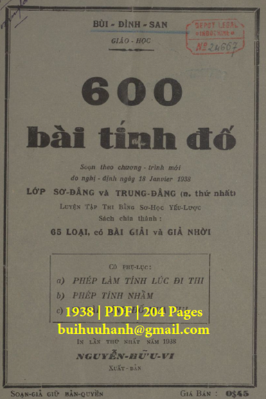 600 Bài Tính Đố (NXB Nguyễn Hữu Vi 1938) - Bùi Đình San, 204 Trang