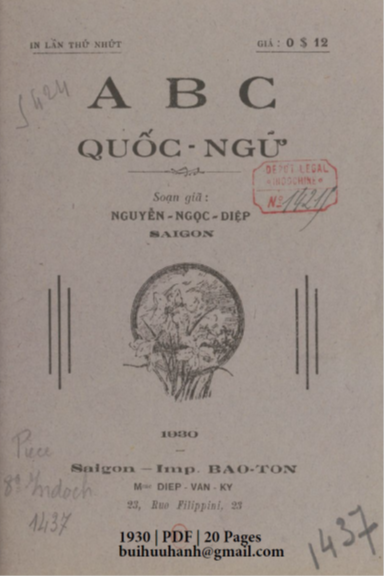 A B C Quốc Ngữ (NXB Bảo Tồn 1930) - Nguyễn Ngọc Diệp, 20 Trang