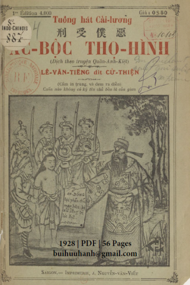 Ác Bộc Thọ Hình (NXB Sài Gòn 1928) - Lê Văn Tiếng, 56 Trang