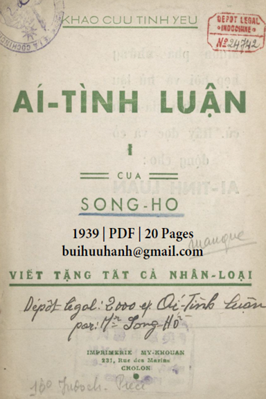 Ái Tình Luận Cuốn 1 (NXB Sài Gòn 1939) - Song Hồ, 20 Trang