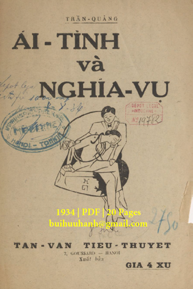 Ái Tình Và Nghĩa Vụ (NXB Tân Văn 1934) - Trần Quảng, 20 Trang