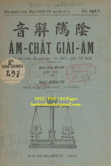 Âm Chất Giải Âm (NXB Hà Nội 1922) - Mạc Đình Tư, 84 Trang