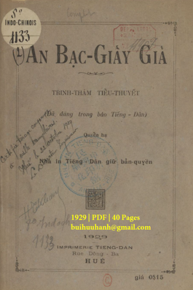 Án Bạc Giấy Giả Quyển Hạ (NXB Tiếng Dân 1929) - Mính Viên, 40 Trang
