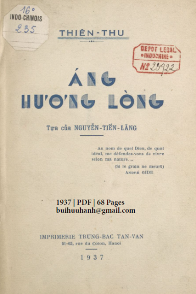 Áng Hương Lòng (NXB Trung Bắc Tân Văn 1937) - Nguyễn Thiên Thu, 68 Trang