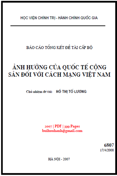 Ảnh Hưởng Của Quốc Tế Cộng Sản Đối Với Cách Mạng Việt Nam (NXB Hà Nội 2007) - Hồ Thị Tố Lương
