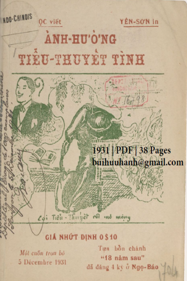 Ảnh Hưởng Tiểu Thuyết Tình (NXB Huỳnh Kim Danh 1931) - Trung Ngọc, 38 Trang
