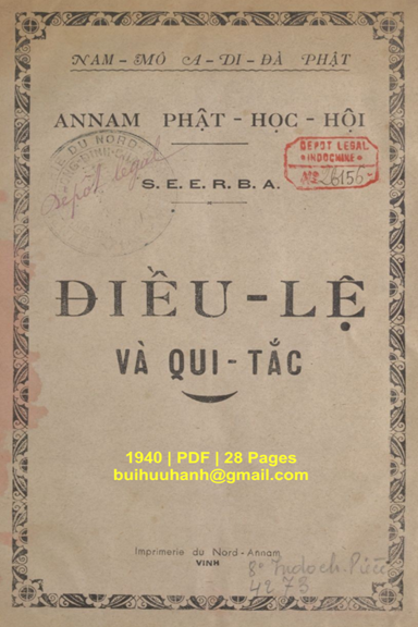 Annam Phật Học Hội-Điều Lệ Và Qui Tắc (NXB Vinh 1940) - Lê Đình Thám, 28 Trang