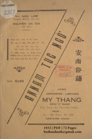 Annam Tục Ngữ (NXB Mỹ Thắng 1933) - Vũ Như Lâm, 72 Trang