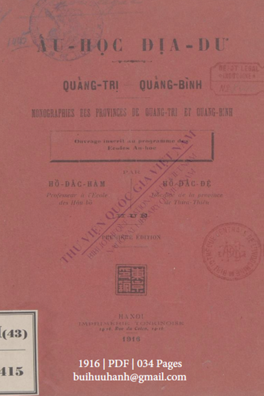 Ấu Học Địa Dư Quảng Trị-Quảng Bình (NXB Hà Nội 1916) - Hồ Đắc Hàm, 34 Trang