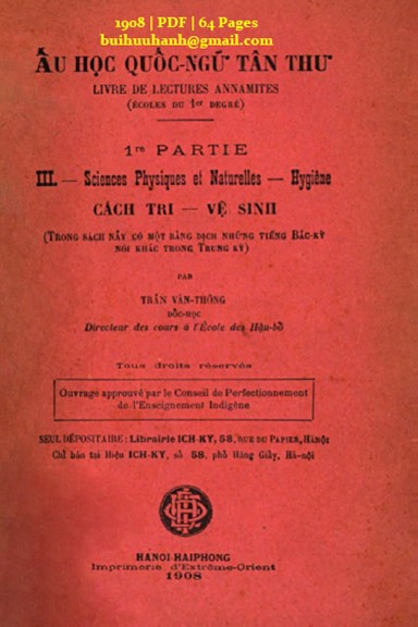Ấu Học Quốc Ngữ Tân Thư Phần 1.3-Cách Trí, Vệ Sinh (NXB Hà Nội 1908) - Trần Văn Thông, 64 Trang