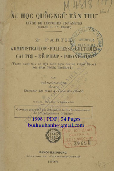Ấu Học Quốc Ngữ Tân Thư Phần 2-Cai Trị-Lễ Pháp-Phong Tục (NXB Hà Nội 1908) - Trần Văn Thông 54 Trang