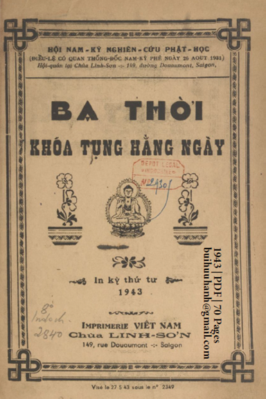 Ba Thời Khóa Tụng Hằng Ngày (NXB Việt Nam 1943) - Trần Nguyên Chấn, 70 Trang