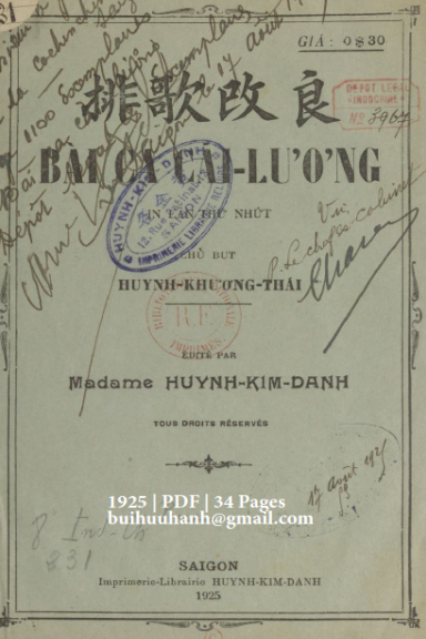 Bài Ca Cải Lương (NXB Huỳnh Kim Danh 1925) - Huỳnh Khương Thái, 34 Trang