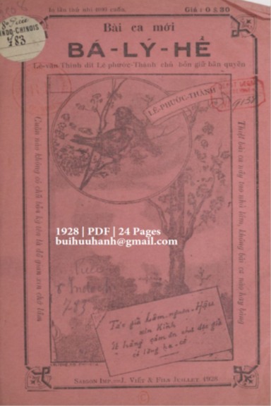 Bài Ca Mới Bá Lý Hề (NXB Nguyễn Văn Viết 1928) - Lâm Ngươn Hậu, 24 Trang