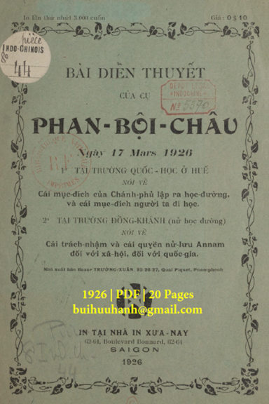 Bài Diễn Thuyết Của Cụ Phan Bội Châu 17-03-1926 (NXB Xưa Nay 1926) - Lý Hữu Dư, 20 Trang