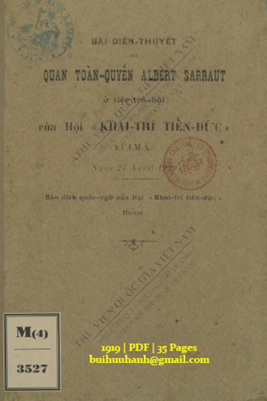 Bài Diễn Thuyết Của Quan Toàn Quyền Albert Sarraut (NXB Đông Kinh 1919) - Albert Sarraut, 35 Trang