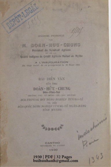 Bài Diễn Văn Của Ông Đoàn Hửu Chung (NXB Cần Thơ 1930) - Đoàn Hửu Chung, 32 Trang