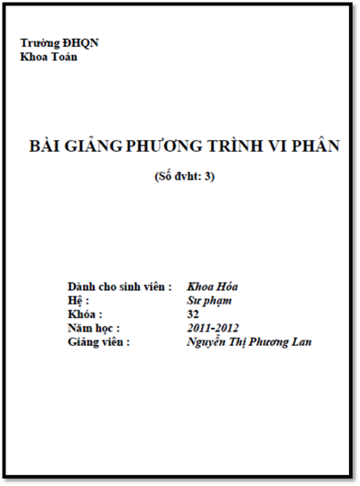 Bài Giảng Phương Trình Vi Phân (NXB Quy Nhơn 2012) - Nguyễn Thị Phương Lan, 32 Trang