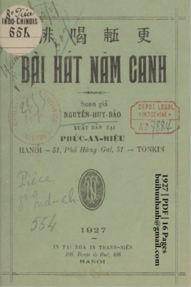 Bài Hát Năm Canh (NXB Thanh Niên 1927) - Nguyễn Huy Bảo, 16 Trang