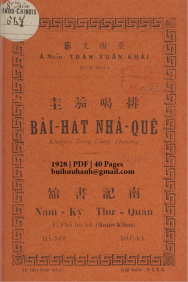 Bài Hát Nhà Quê (NXB Nam Ký 1928) - Trần Tuấn Khải, 40 Trang