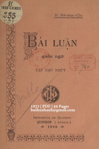 Bài Luận Quốc Ngữ Tập 1 (NXB Qui Nhơn 1923) - Hồ Ngọc Cẩn, 44 Trang