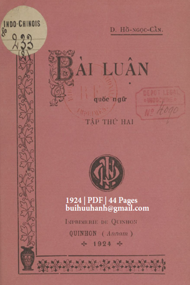 Bài Luận Quốc Ngữ Tập 2 (NXB Qui Nhơn 1924) - Hồ Ngọc Cẩn, 44 Trang