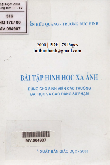 Bài Tập Hình Học Xạ Ảnh (NXB Giáo Dục 2000) - Nguyễn Hữu Quang, 78 Trang