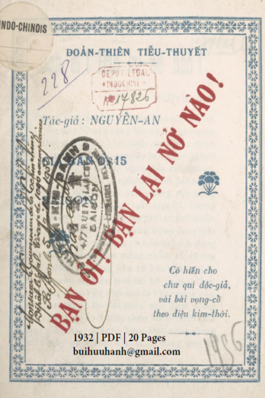 Bạn Ôi Bạn Lại Nở Nào (NXB Huỳnh Kim Danh 1932) - Nguyễn An, 20 Trang