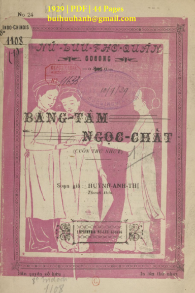 Băng Tâm Ngọc Chất Cuốn 1 (NXB Nữ Lưu Thơ Quán 1929) - Huỳnh Anh Thị, 44 Trang
