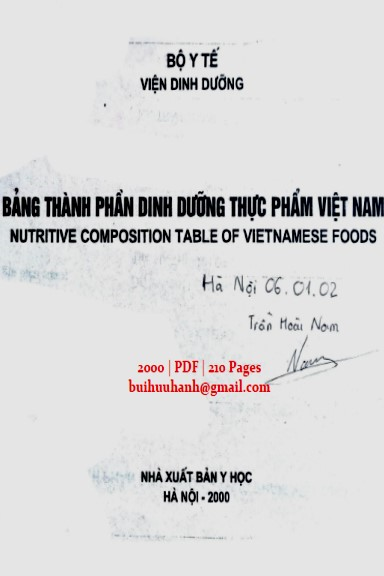 Bảng Thành Phần Dinh Dưỡng Thực Phẩm Việt Nam (NXB Y Học 2000) - Hà Huy Khôi, 210 Trang