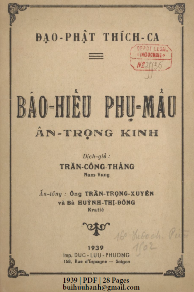 Báo Hiếu Phụ Mẫu Ân Trọng Kinh (NXB Đức Lưu Phương 1939) - Trần Công Thãng, 28 Trang