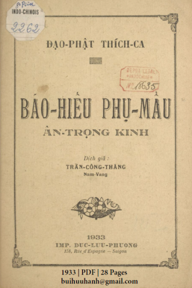 Báo Hiếu Phụ Mẫu Ân Trọng Kinh (NXB Đức Lưu Phương 1933) - Trần Công Thãng, 28 Trang