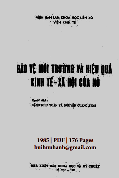 Bảo Vệ Môi Trường Và Hiệu Quả Kinh Tế-Xã Hội Của Nó (NXB Khoa Học Kỹ Thuật 1985) - Đặng Như Toàn