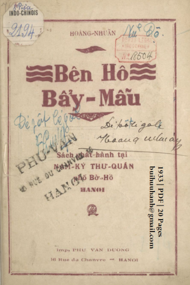 Bên Hồ Bẩy Mẫu (NXB Phú Văn Đường 1933) - Hoàng Nhuần, 20 Trang