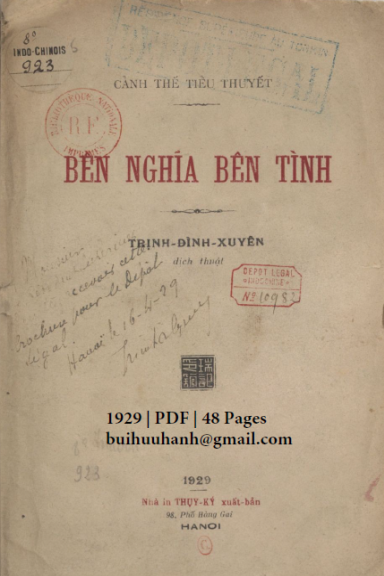 Bên Nghĩa Bên Tình (NXB Thụy Ký 1929) - Trịnh Đình Xuyên, 48 Trang