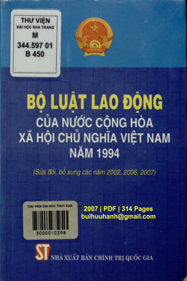 Bộ Luật Lao Động Của Nước Cộng Hòa Xã Hội Chủ Nghĩa Việt Nam Năm 1994 - Nhiều Tác Giả, 314 Trang