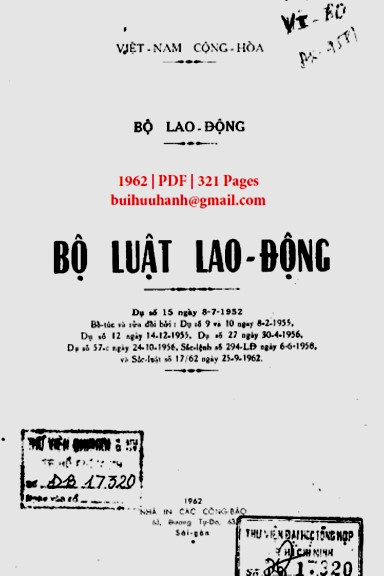Bộ Luật Lao Động (NXB Sài Gòn 1962) - Nhiều Tác Giả, 321 Trang