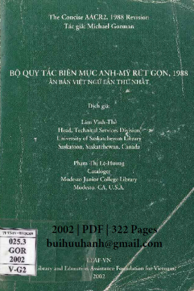 Bộ Quy Tắc Biên Mục Anh-Mỹ Rút Gọn 1988 (NXB Hà Nội 2002) - Michael Gorman, 322 Trang