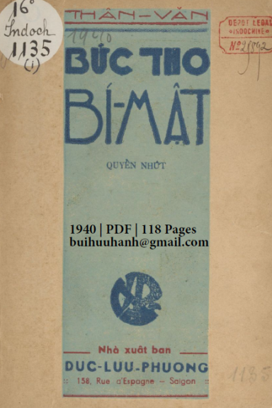 Bức Thơ Bí Mật Quyển 1 (NXB Đức Lưu Phương 1940) - Thân Văn, 118 Trang