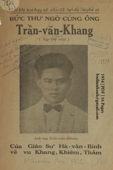 Bức Thư Ngỏ Cùng Ông Trần Văn Khang Tập 1 (NXB Thực Nghiệp 1934) - Hà Văn Bính, 16 Trang