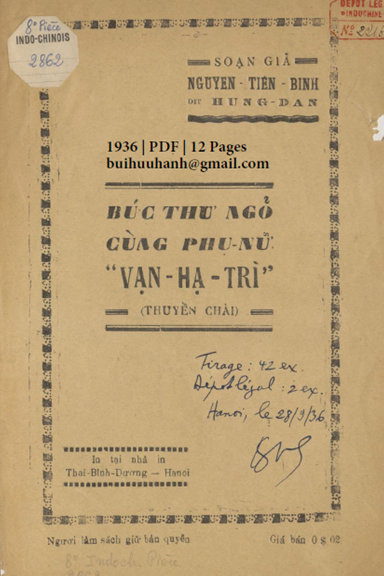 Bức Thư Ngỏ Cùng Phụ Nữ Vạn Hạ Trì (NXB Thái Bình Dương 1936) - Nguyễn Tiến Binh, 12 Trang