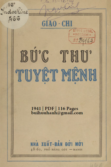 Bức Thư Tuyệt Mệnh (NXB Đời Mới 1941) - Giao Chi, 116 Trang