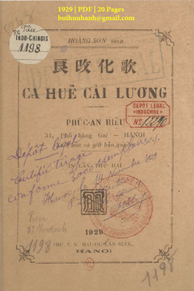 Ca Huế Cải Lương (NXB Thực Nghiệp 1929) - Hoàng Sơn, 20 Trang