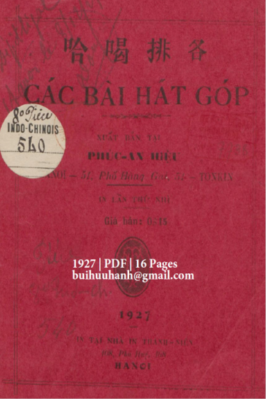 Các Bài Hát Góp (NXB Thanh Niên 1927) - Nhiều Tác Giả, 16 Trang