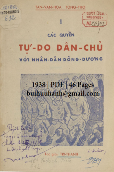 Các Quyền Tự Do Dân Chủ Với Nhân Dân Đông Dương (NXB Tân Văn Hóa 1938) - Trí Thành, 46 Trang