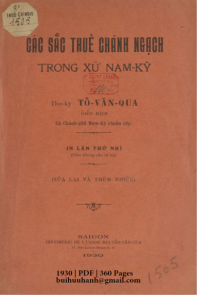 Các Sắc Thuế Chánh Ngạch Trong Xứ Nam Kỳ (NXB Nguyễn Văn Của 1930) - Tô Văn Qua, 360 Trang
