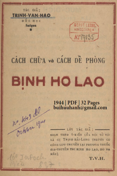 Cách Chữa Và Cách Đề Phòng Bịnh Ho Lao (NXB Khao Học 1944) - Trịnh Văn Hào, 32 Trang