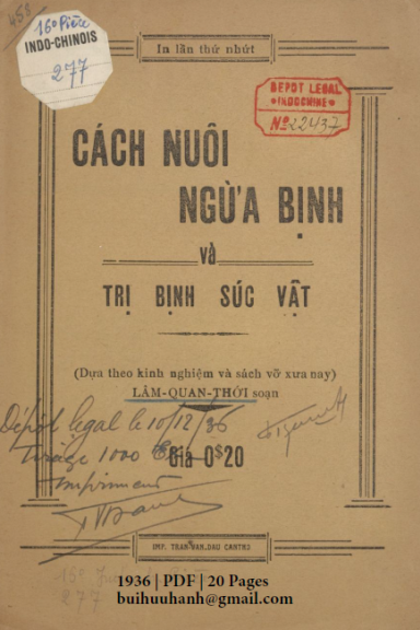 Cách Nuôi Ngừa Bịnh Và Trị Bịnh Súc Vật (NXB Trần Văn Đẫu 1936) - Lâm Quan Thới, 20 Trang